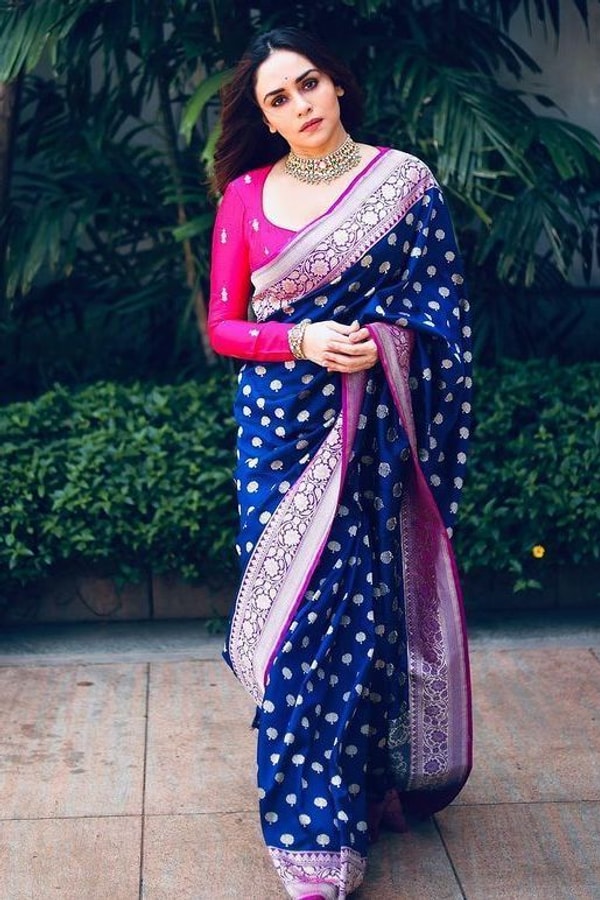 Royal Blue Banarasi Soft Silk Saree with Pink Border and Silver Zari Floral Buttas  in Surat