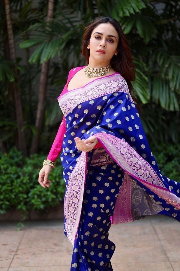 Royal Blue Banarasi Soft Silk Saree with Pink Border and Silver Zari Floral Buttas  in Surat
