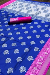 Royal Blue Banarasi Soft Silk Saree with Pink Border and Silver Zari Floral Buttas  in Surat