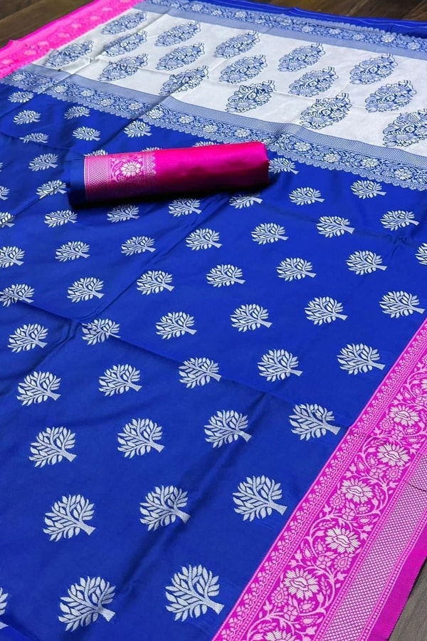 Royal Blue Banarasi Soft Silk Saree with Pink Border and Silver Zari Floral Buttas  in Surat