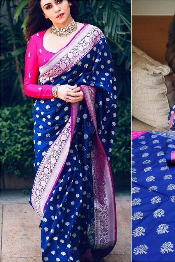 Royal Blue Banarasi Soft Silk Saree with Pink Border and Silver Zari Floral Buttas  in Surat
