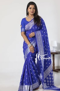 Royal Blue Banarasi Soft Silk Saree with Silver Zari Coin Buttis and Silver Woven Border  in Surat