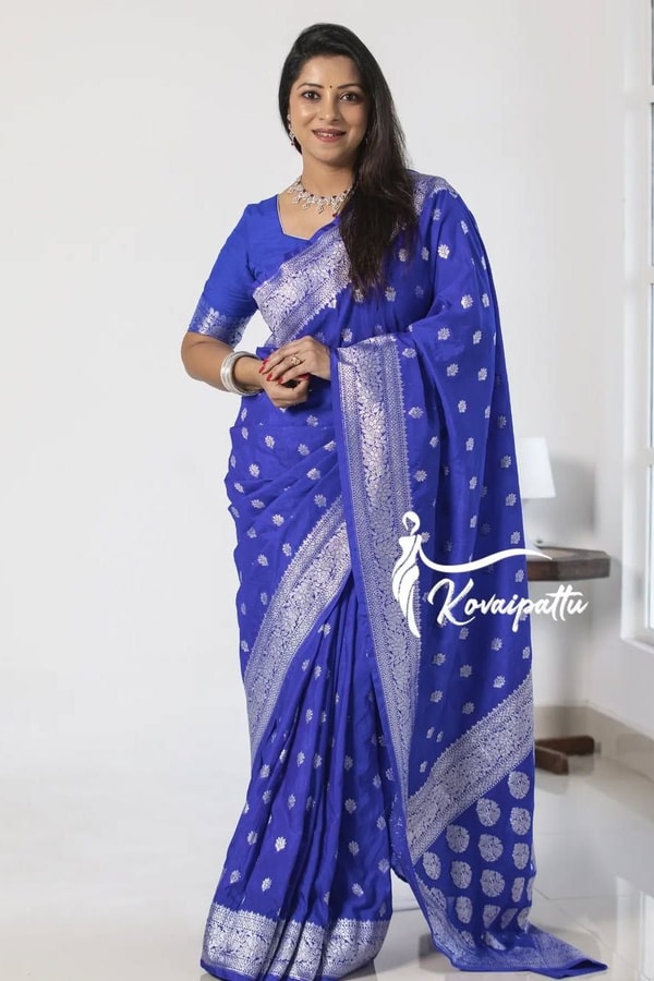 Royal Blue Banarasi Soft Silk Saree with Silver Zari Coin Buttis and Silver Woven Border  in Surat