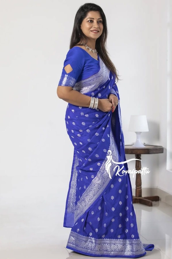 Royal Blue Banarasi Soft Silk Saree with Silver Zari Coin Buttis and Silver Woven Border  in Surat