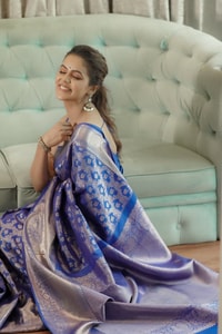 Royal Blue Banarasi Soft Silk Saree with Silver Zari Floral Bunches and Shimmering Pallu  in Surat