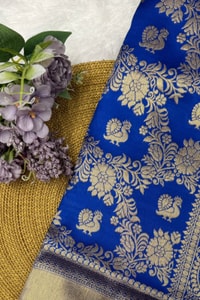 Royal Blue Banarasi Soft Silk Saree with Silver Zari Floral Bunches and Shimmering Pallu  in Surat