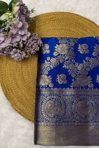 Royal Blue Banarasi Soft Silk Saree with Silver Zari Floral Bunches and Shimmering Pallu  in Surat