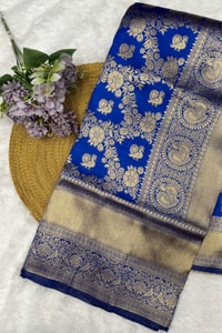 Royal Blue Banarasi Soft Silk Saree with Silver Zari Floral Bunches and Shimmering Pallu  in Surat