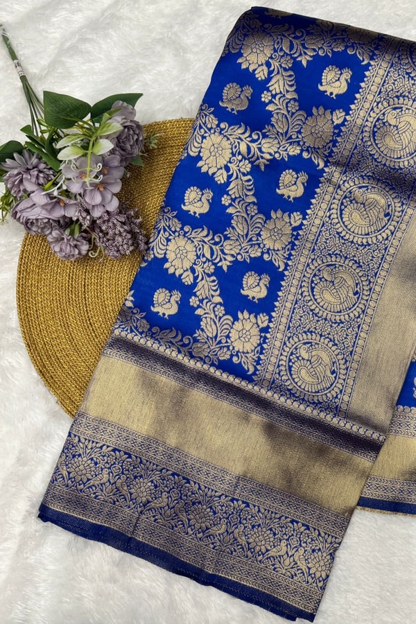 Royal Blue Banarasi Soft Silk Saree with Silver Zari Floral Bunches and Shimmering Pallu  in Surat