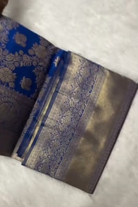 Royal Blue Banarasi Soft Silk Saree with Silver Zari Floral Bunches and Shimmering Pallu  in Surat video 1