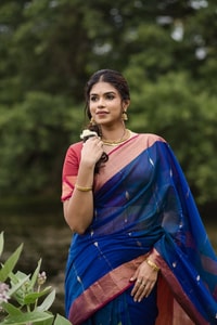 Royal Blue Soft Cotton Saree with Coral Pink Jacquard Border and Striped Pallu  in Surat