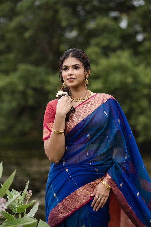 Royal Blue Soft Cotton Saree with Coral Pink Jacquard Border and Striped Pallu  in Surat