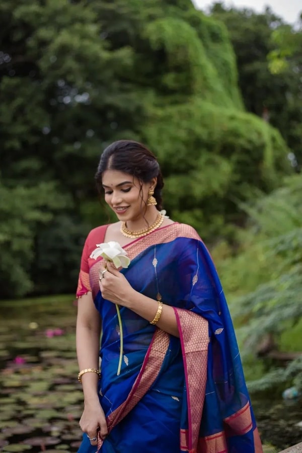 Royal Blue Soft Cotton Saree with Coral Pink Jacquard Border and Striped Pallu  in Surat