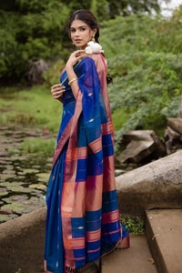 Royal Blue Soft Cotton Saree with Coral Pink Jacquard Border and Striped Pallu  in Surat