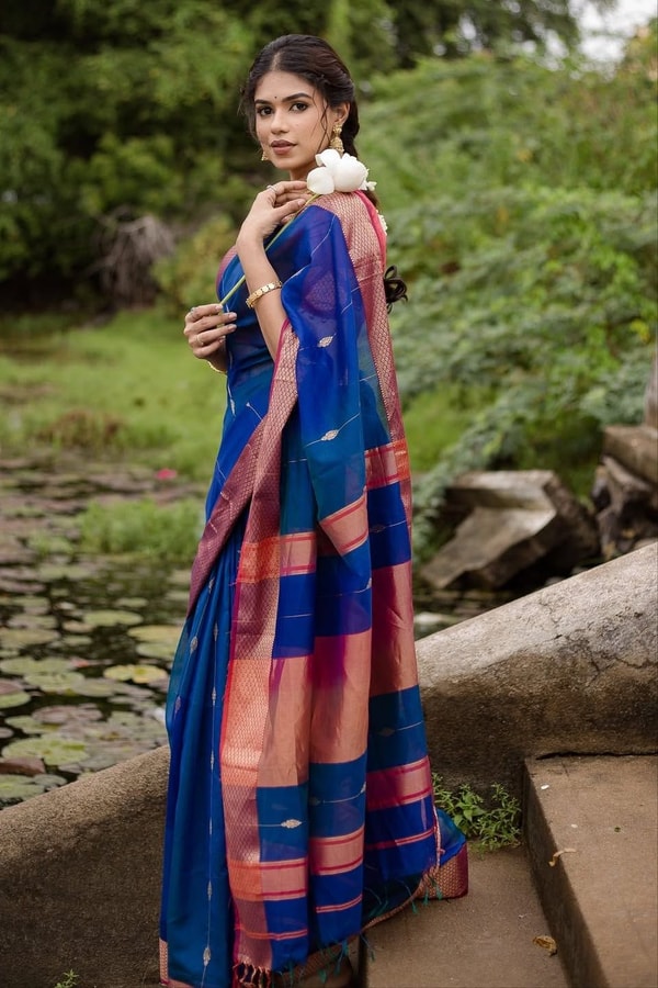 Royal Blue Soft Cotton Saree with Coral Pink Jacquard Border and Striped Pallu  in Surat