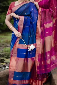 Royal Blue Soft Cotton Saree with Coral Pink Jacquard Border and Striped Pallu  in Surat