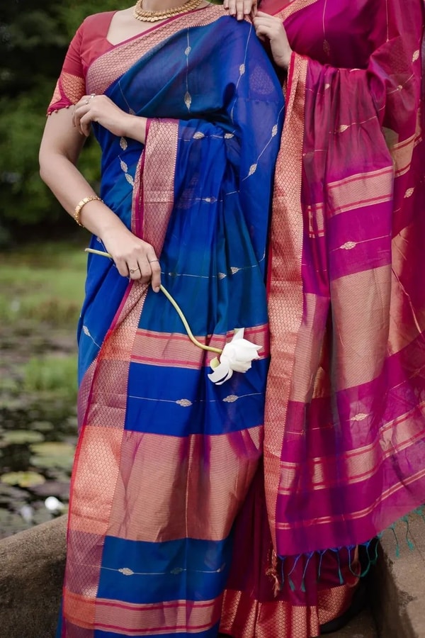 Royal Blue Soft Cotton Saree with Coral Pink Jacquard Border and Striped Pallu  in Surat