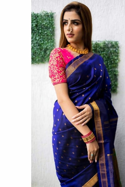 Royal Blue Soft Lichi Silk Saree with Paithani-Style Yellow Pallu and Zari Medallion Border in Surat