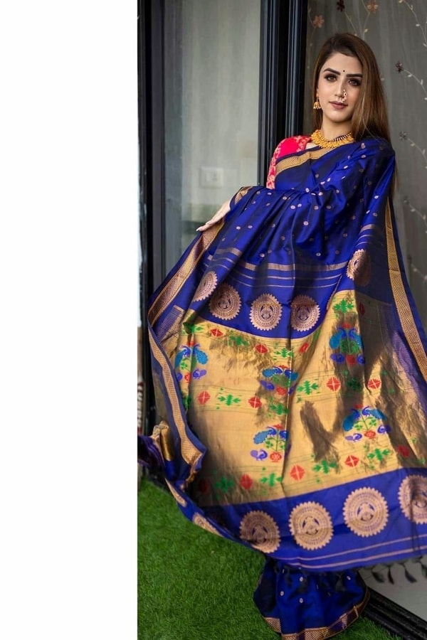 Royal Blue Soft Lichi Silk Saree with Paithani-Style Yellow Pallu and Zari Medallion Border  in Surat