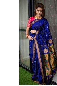 Royal Blue Soft Lichi Silk Saree with Paithani-Style Yellow Pallu and Zari Medallion Border  in Surat