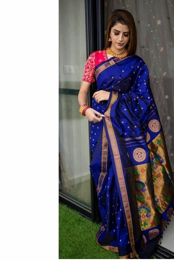Royal Blue Soft Lichi Silk Saree with Paithani-Style Yellow Pallu and Zari Medallion Border  in Surat