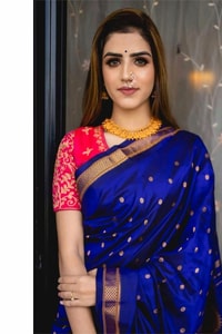 Royal Blue Soft Lichi Silk Saree with Paithani-Style Yellow Pallu and Zari Medallion Border  in Surat