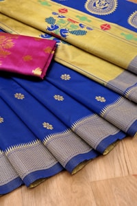 Royal Blue Soft Lichi Silk Saree with Paithani-Style Yellow Pallu and Zari Medallion Border  in Surat