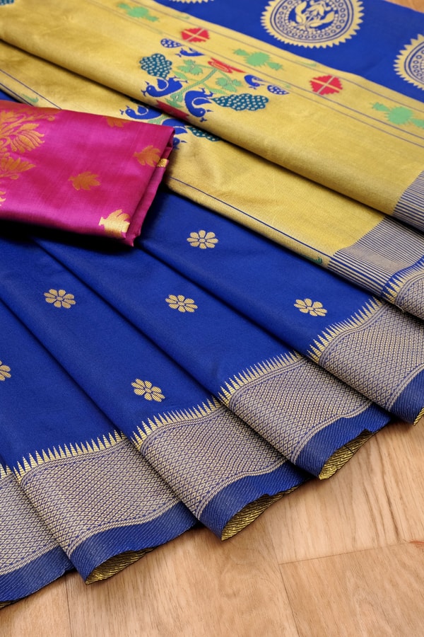 Royal Blue Soft Lichi Silk Saree with Paithani-Style Yellow Pallu and Zari Medallion Border  in Surat