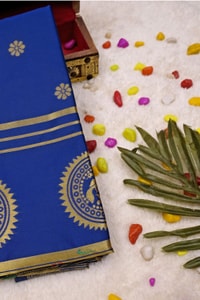 Royal Blue Soft Lichi Silk Saree with Paithani-Style Yellow Pallu and Zari Medallion Border  in Surat