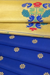 Royal Blue Soft Lichi Silk Saree with Paithani-Style Yellow Pallu and Zari Medallion Border  in Surat