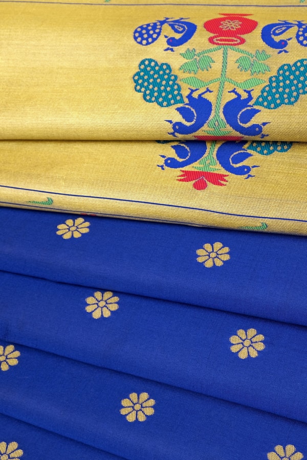 Royal Blue Soft Lichi Silk Saree with Paithani-Style Yellow Pallu and Zari Medallion Border  in Surat
