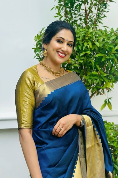 Royal Navy Banarasi Soft Silk Saree with Shimmering Gold Tissue Pallu and Gold Border in Surat