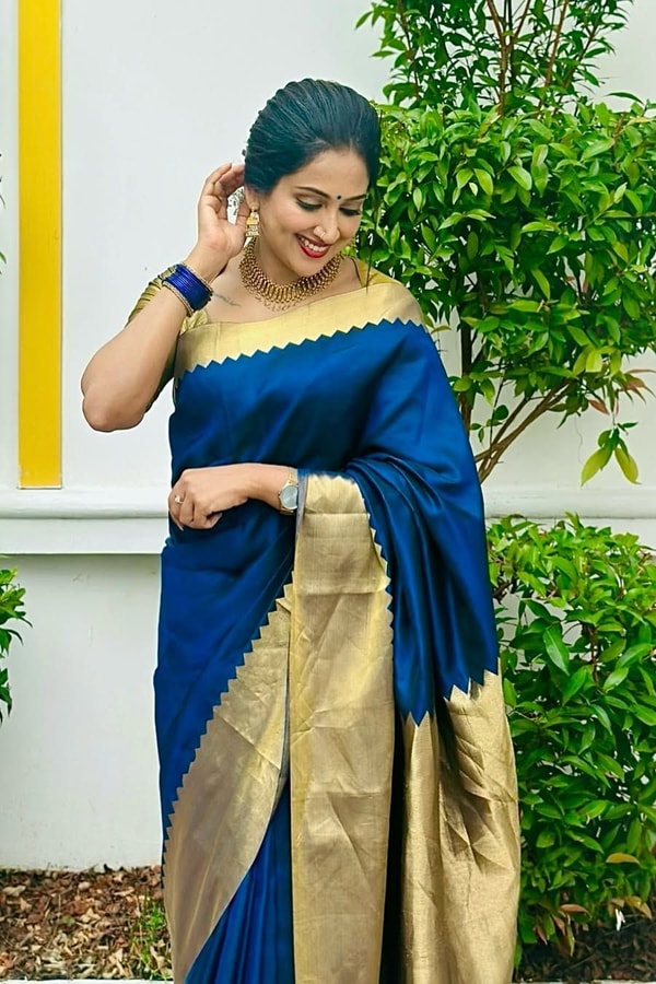Royal Navy Banarasi Soft Silk Saree with Shimmering Gold Tissue Pallu and Gold Border  in Surat