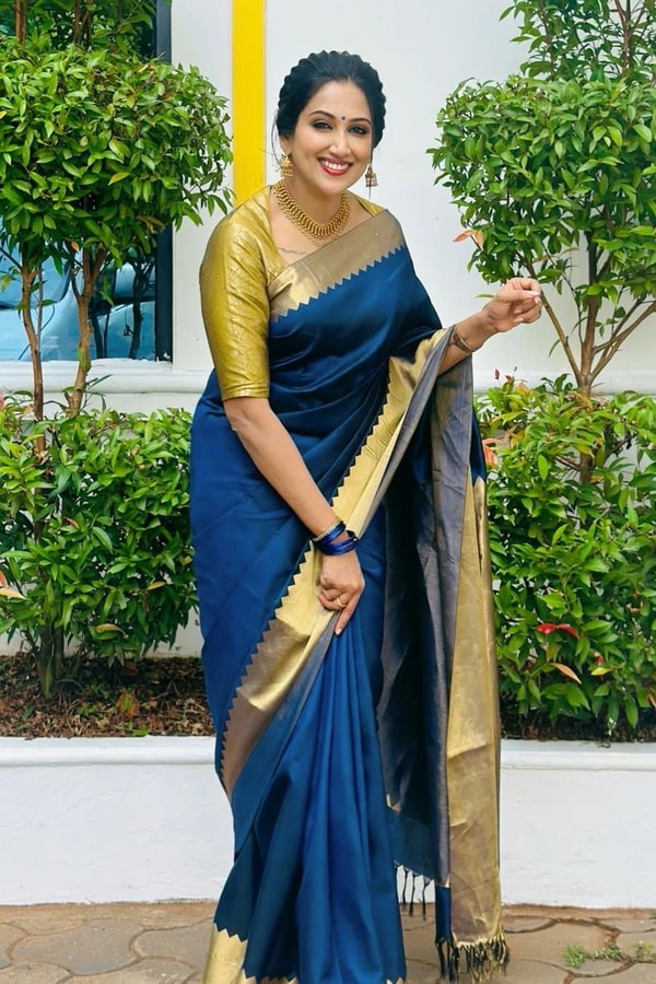 Royal Navy Banarasi Soft Silk Saree with Shimmering Gold Tissue Pallu and Gold Border  in Surat