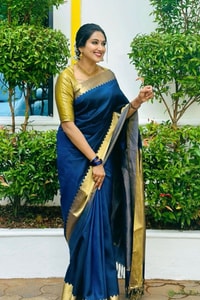 Royal Navy Banarasi Soft Silk Saree with Shimmering Gold Tissue Pallu and Gold Border  in Surat
