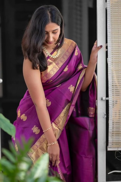 Royal Purple Banarasi Soft Silk Saree with Gold Zari Buttas and Wide Gold Brocade Border in Surat