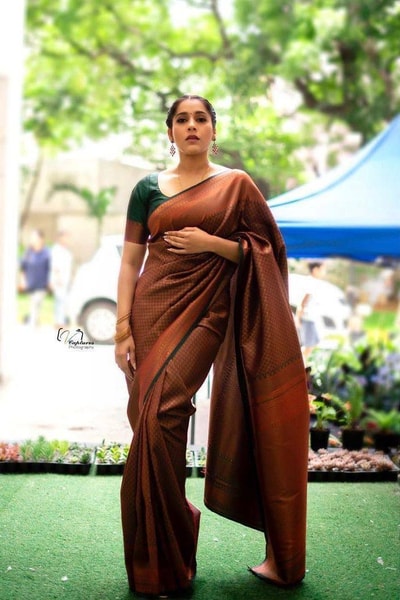 Rust Brown Banarasi Soft Silk Saree with Copper Zari Weaving and Woven Check Border in Surat