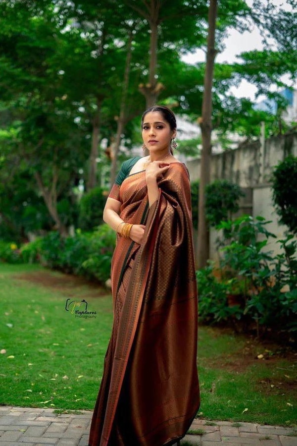 Rust Brown Banarasi Soft Silk Saree with Copper Zari Weaving and Woven Check Border  in Surat