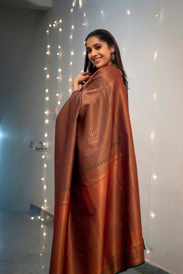 Rust Brown Banarasi Soft Silk Saree with Copper Zari Weaving and Woven Check Border  in Surat