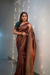 Rust Brown Banarasi Soft Silk Saree with Copper Zari Weaving and Woven Check Border  in Surat