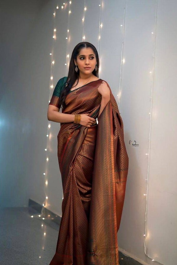 Rust Brown Banarasi Soft Silk Saree with Copper Zari Weaving and Woven Check Border  in Surat
