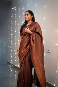 Rust Brown Banarasi Soft Silk Saree with Copper Zari Weaving and Woven Check Border  in Surat