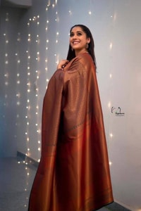 Rust Brown Banarasi Soft Silk Saree with Copper Zari Weaving and Woven Check Border  in Surat