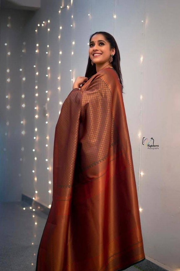 Rust Brown Banarasi Soft Silk Saree with Copper Zari Weaving and Woven Check Border  in Surat