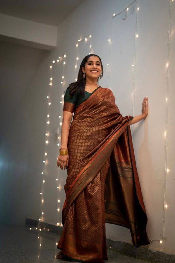 Rust Brown Banarasi Soft Silk Saree with Copper Zari Weaving and Woven Check Border  in Surat