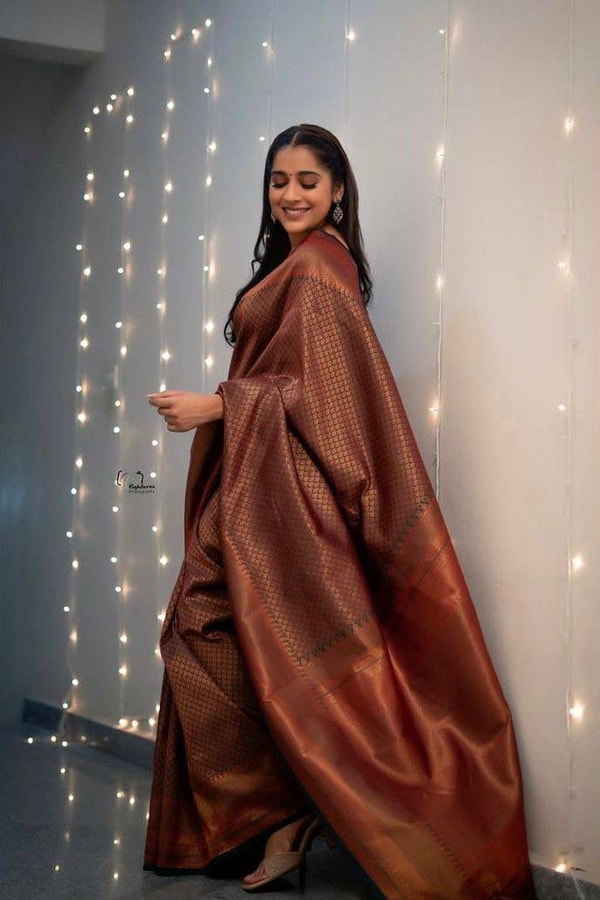 Rust Brown Banarasi Soft Silk Saree with Copper Zari Weaving and Woven Check Border  in Surat