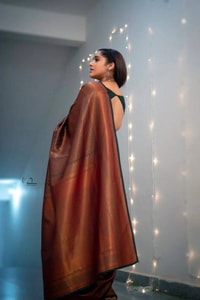 Rust Brown Banarasi Soft Silk Saree with Copper Zari Weaving and Woven Check Border  in Surat