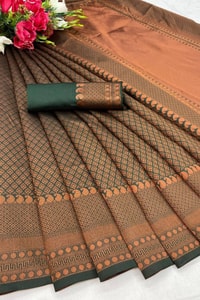 Rust Brown Banarasi Soft Silk Saree with Copper Zari Weaving and Woven Check Border  in Surat