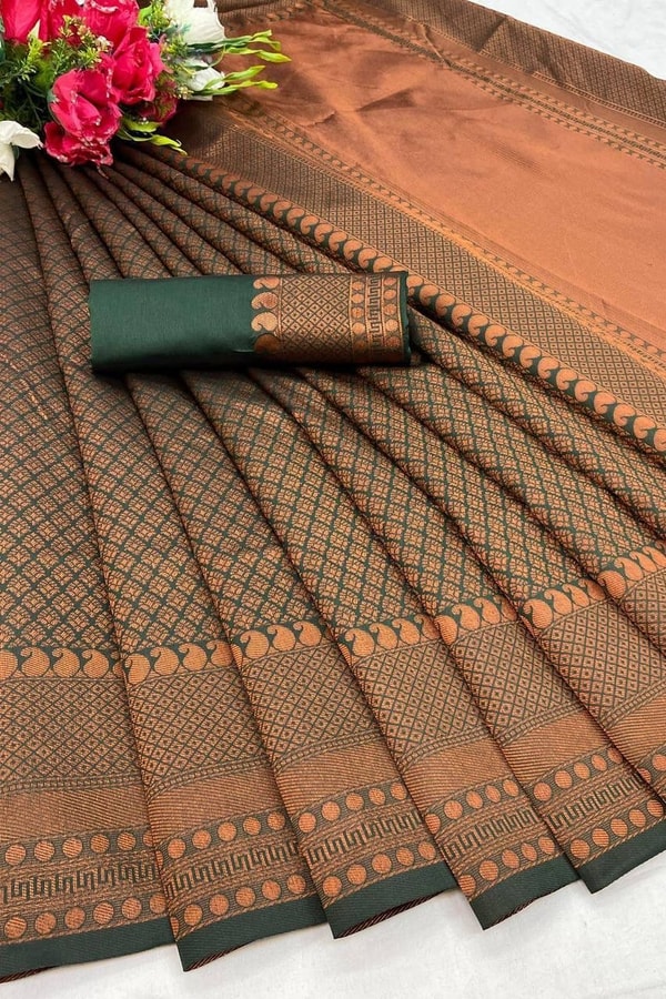 Rust Brown Banarasi Soft Silk Saree with Copper Zari Weaving and Woven Check Border  in Surat