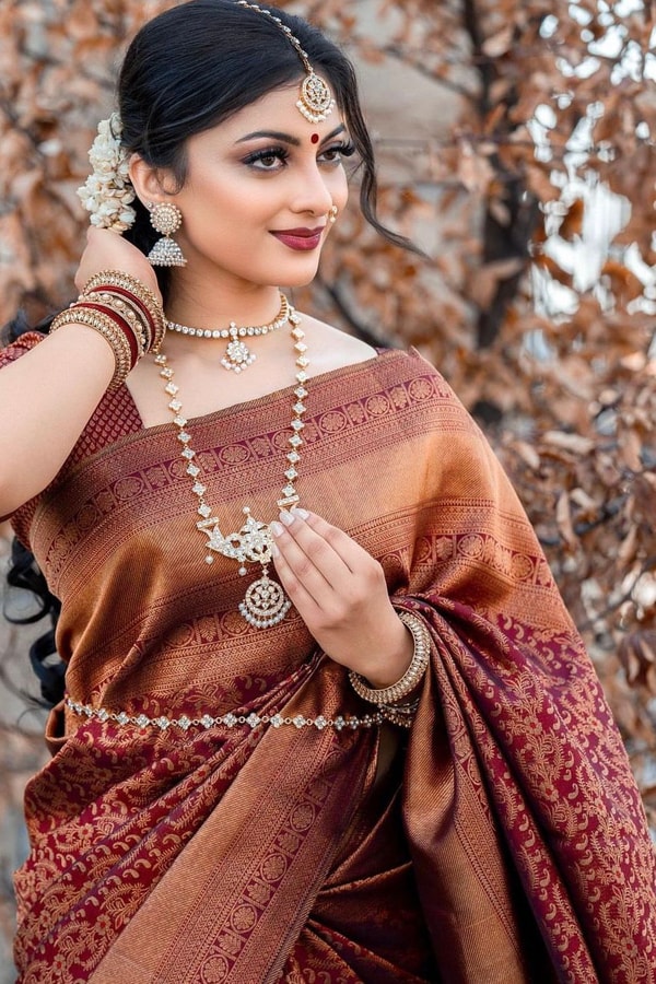 Rust Copper Banarasi Soft Silk Saree with All-Over Copper Zari Weave and Striped Pallu  in Surat